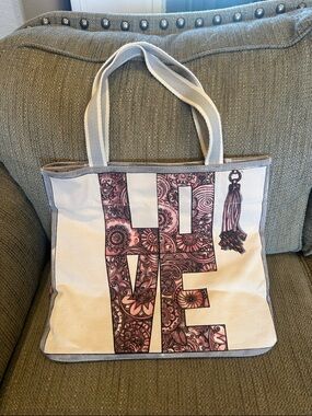 Brighton Cream Canvas Tote with Pink Floral 'LOVE' Graphic